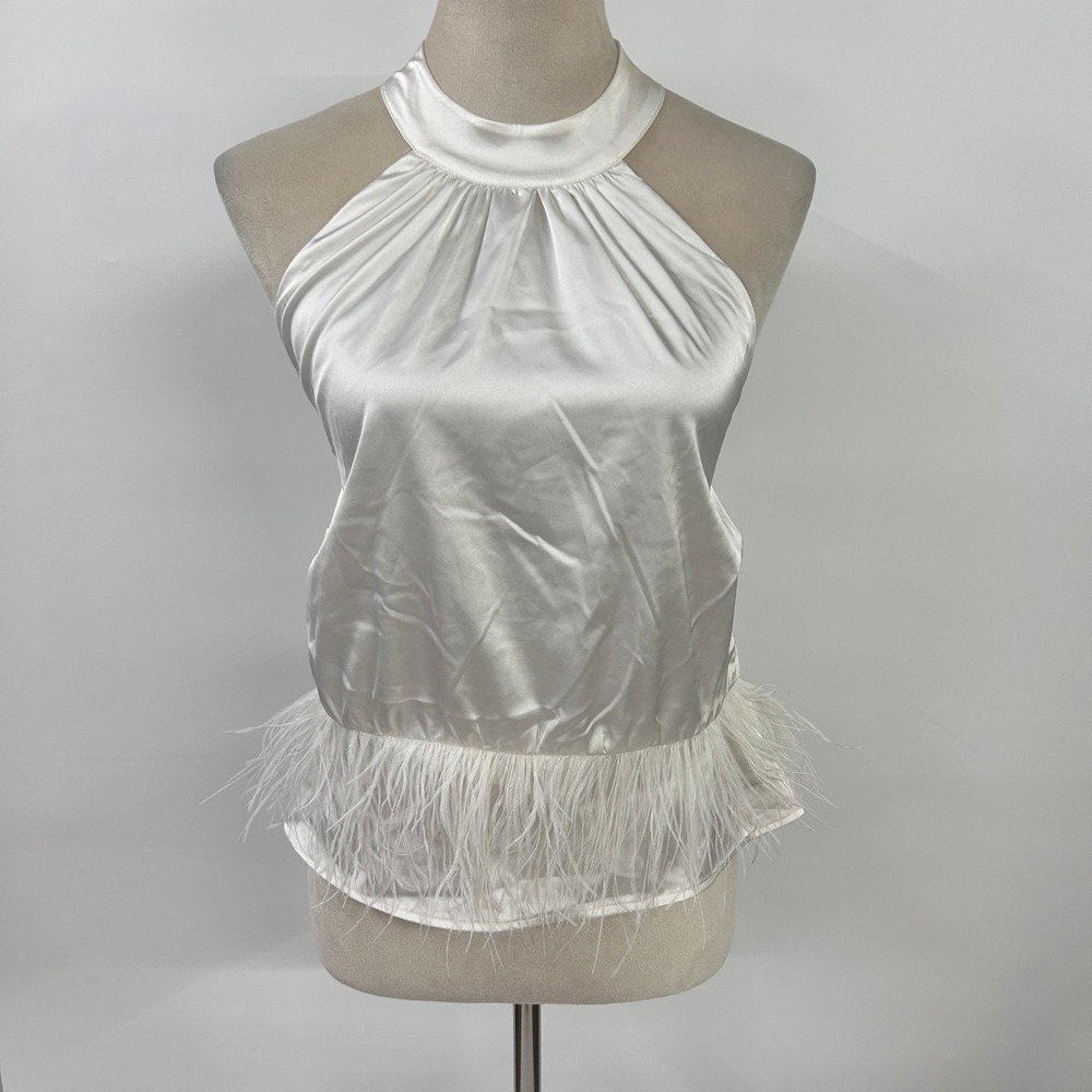 Satin Feather Trim Halter Top Open Tie Back Ivory Large Y2K Glam Party Blouse
